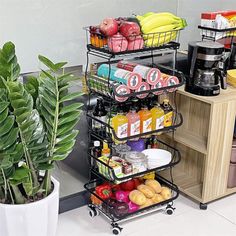 a coffee bar with fruit and juices on it next to a potted plant