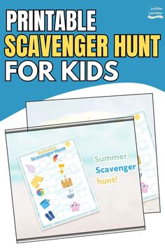 A bright and colorful graphic promoting a "Printable Scavenger Hunt for Kids." The preview features a beach-themed checklist with illustrated items like a sandcastle, beach ball, and starfish on a light ocean backdrop.