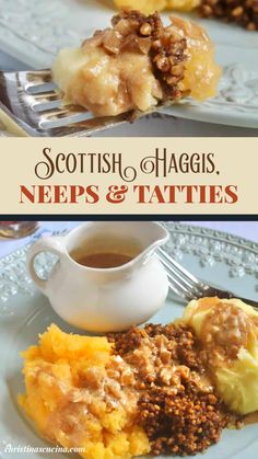 scottish haggies and mashed potatoes on a blue plate with a cup of tea