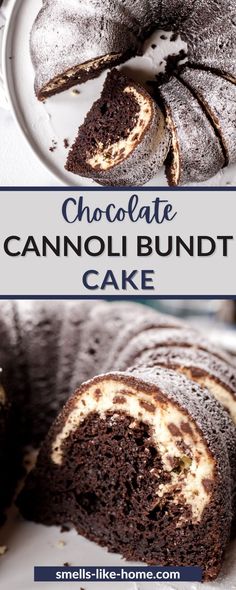 chocolate cannoli bundt cake on a white plate with text overlay that reads chocolate cannoli bundt cake