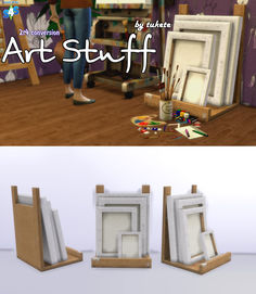 two different views of an artist's studio with easels and paintings