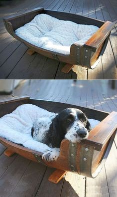 there is a dog that is laying in a bed on the deck and another photo taken from above