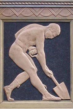 an image of a man with a shovel in his hand on a plaque that says,