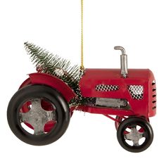 Red vintage style tractor Christmas ornament. Hauling home a frosted Christmas tree. Comes ready to hang on a gold cord Country Rustic Christmas, Family Christmas Tree, Frosted Christmas Tree, Frosted Tree, Tree Home, Village Scene, Christmas Central, Red And Silver, Rustic Holiday