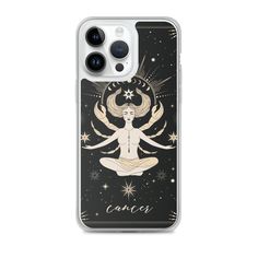 a phone case with an image of a woman sitting in the lotus position and stars around her