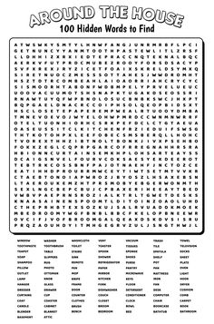 the word search page for around the house, with words to find and print out