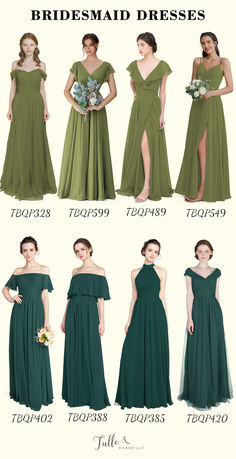 bridesmaid dresses in different colors and styles, with the names below them to describe