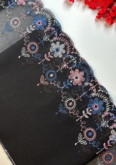 Top-quality colorful embroidery mesh lace trim with a pretty, floral design. The tulle base has a black color. Nonelastic lace Bra-making lace, perfect for lace lingerie. Embroidery lace with one flounce edge is of excellent quality with a soft handle and drape.  This listing is for 1 yard  width:7 inch = 17 cm Ideal for sewing and craft projects.  This lace is ideal for lingerie, clothing, accessories, doll dresses, table runner decorations, home textiles, gifts, bag decorations, skirt bottomin Spring Embroidered Lace Fabric With Lace Trim, Multicolor Embroidered Lace Fabric With Lace Work, Table Runner Decorations, Making Lace, Tulle Embroidery, Bra Making, Colorful Embroidery, Doll Dresses, Fabric Floral