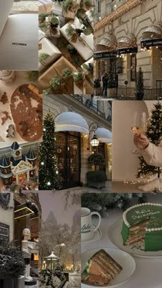 a collage of photos with food and decorations in the middle one has a christmas tree on it