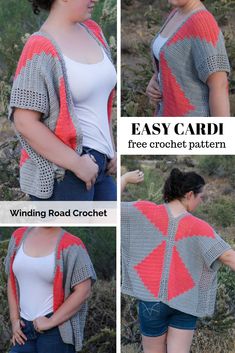 the easy crochet cardigan pattern is shown in three different pictures, including one with