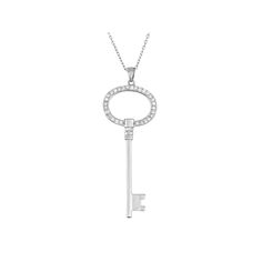 Unlock a lovely look when you wear this sterling silver cubic zirconia key pendant. Comes in a gift box. Click on this JEWELRY & WATCHES GUIDE to learn about fit, styles, materials and more!PENDANT DETAILS Pendant length: 2.6 in. Chain length: 18 in. Clasp: spring-ring Metal: rhodium-plated sterling silver CUBIC ZIRCONIA DETAILS Total weight: 1 1/10 ct. Shape: round Setting: pave Size: 18". Color: White. Gender: female. Age Group: adult. Elegant Sterling Silver Key Jewelry, Elegant Sterling Silver Key Necklace, Classic Jewelry With Keys For Gifts, Key Pendant Necklace, Key Pendant, Ring Metal, Metal Rings, Spring Rings, Chain Lengths