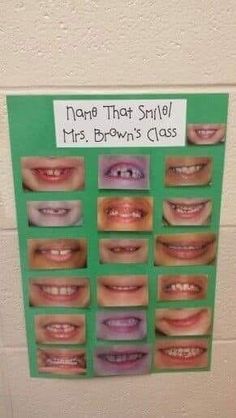 a bulletin board with pictures of different smiles on it's sides and the words, more that smile, mrs brown's class