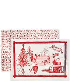 two placemats with red and white designs on them, one has a christmas scene