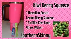 a pink coffee mug with the words kiwi berry squeezer on it and pictures of other items