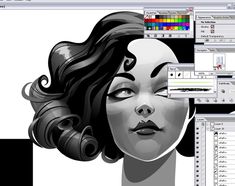 an image of a woman's face being drawn in adobe css and photoshop