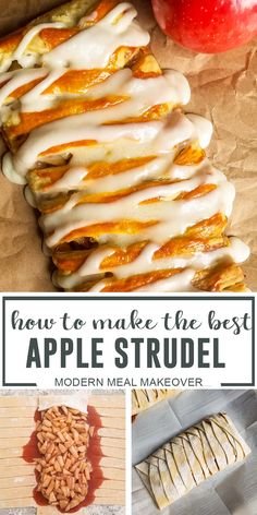 apple strudel with white icing on top and an apple in the background