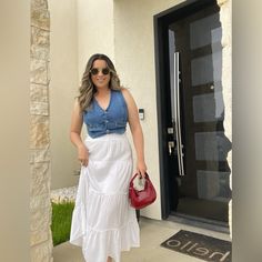 Ruffle Tiered Maxi Skirt Woven Fabric Double Lined Drawstring Elastic High Rise Waistband Styling White Long Skirt, Tiered Maxi Skirt Outfit, Outfits With Vest, 2025 Outfits, White Maxi Skirt Outfit, Maxi Skirt Outfit, White Skirt Outfits, Satin Slip Skirt, Flowy Maxi Skirt