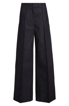 Seen on the designer's spring '24 runway, these nonstretch-denim, Hollywood-waist pants polished with pintucks are tailored in an oversized fit. 32 1/2" inseam; 25" leg opening; 13" front rise; 14 1/2" back rise (size small) Zip fly with hook-and-bar closure Side-seam pockets; back patch pockets 100% cotton Dry clean Made in the USA Designer Clothing Asian & Pacific Islander Owned/Founded Modern Cropped Leg Bottoms For Spring, Modern Denim Blue Wide-leg Pants, Modern Wide-leg Denim Blue Pants, Elegant Wide-leg Spring Jeans, Elegant Wide-leg Jeans For Spring, Elegant Spring Wide-leg Jeans, Modern Dark Wash Wide-leg Pants, Chic Dark Wash Wide Leg Pants For Work, Modern Cropped Leg Pants For Spring