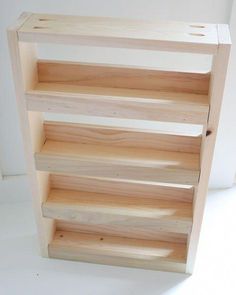 a wooden shelf with three shelves on each side