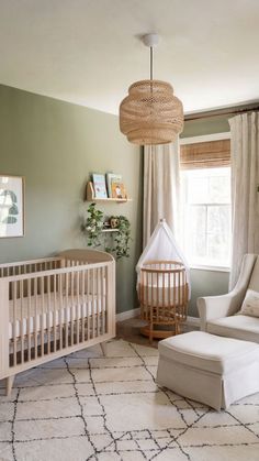 A tranquil green nursery with sage walls, natural wood furniture, and cozy decor for a peaceful and inviting feel. Light Green Nursery, Green Nursery Ideas, Serene Nursery, Sage Green Nursery, Green Baby Room, Calm Space, Nursery Designs, Wood Nursery, Sage Green Walls