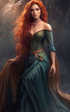 a woman with long red hair in a green dress