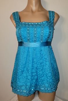 Bebe Retro Y2K X-Small Blue Lace Empire Waist Polka Dot Babydoll Top | eBay Fashion Design Collection, Sleeveless Tops, Babydoll Top, Design Collection, Babydoll Dress, Hat Hairstyles, Blue Lace, Dream Wardrobe, Holiday Outfits