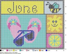 a cross stitch pattern with sandals, sunglasses and the word's name on it