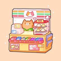 an illustration of a cat standing in front of a food vending machine