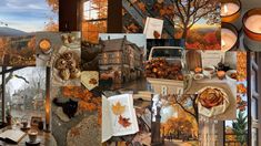 a collage of photos with autumn leaves, candles, and other things in them