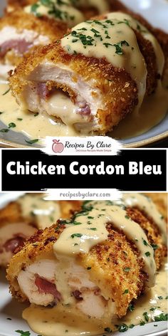 the chicken cordon bleu is covered in sauce