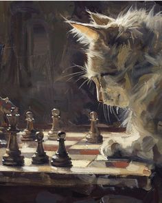 a painting of a cat playing with chess pieces