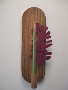 a wooden wall mounted with a green and red plant on it's back end