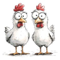 two white chickens with red combs standing next to each other