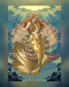 a painting of a mermaid sitting on top of a large gold fish in the ocean