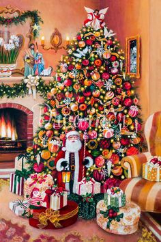 a painting of a christmas tree with presents under it and santa clause standing next to it