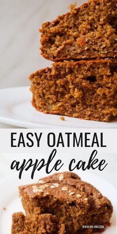 two pictures showing the inside and outside of an easy oatmeal apple cake