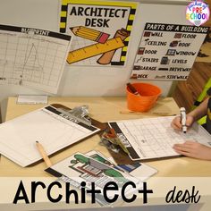 a desk that has some papers and pencils on it with the words architecture in front of it