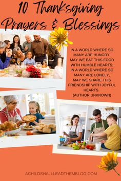 a family is gathered around the table for thanksgiving and thanksgiving dinner with text overlaying it