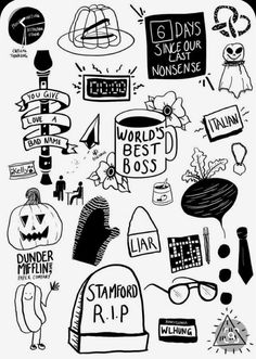 black and white drawing of various items that are in the shape of a sign with words