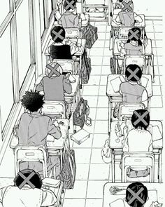 an anime classroom with students sitting at desks