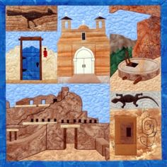 a quilted wall hanging with images of buildings and animals in the desert on it