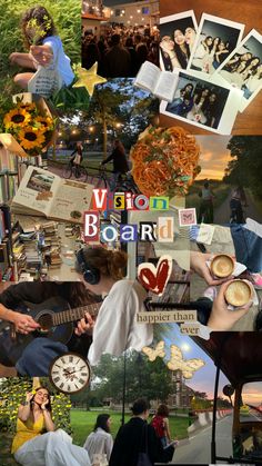 a collage of photos with people, food and pictures on them that say vision board