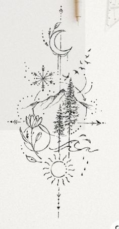 a drawing on paper with trees and stars in the sky next to a pencil marker