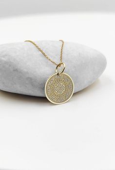 Welcome to RedGiftBox, it is our pleasure providing you our fine gold jewelry! Information about the pendant: - 14K Real Gold - 0.5mm Thick - Jumpring Diameter: 4mm Sizes Available: - 13mm / 0.52 inches - 15mm / 0.59 inches - 18mm / 0.70 inches - 20mm / 0.78 inches - 22mm / 0.86 inches - 24mm / 0.94 inches ▪️ We can engrave the back of your pendant with your custom personalized message, text, name or date for FREE! We recommend 5 lines with a maximum of 15 characters on each line. Information ab 14k Gold Medallion Amulet Jewelry, Hallmarked Yellow Gold Pendant Medallion Necklace, Hallmarked Yellow Gold Medallion Pendant Necklace, Symbolic Coin Jewelry For Good Luck, Amulet Style Yellow Gold Medallion Necklace, Traditional Coin Medallion Necklace As A Gift, Symbolic Engraved Round Pendant Jewelry, Symbolic Engraved Yellow Gold Medallion Necklace, Good Luck Coin Pendant Medallion Jewelry