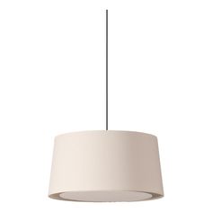 a white lamp hanging from a ceiling with a light shade on it's side