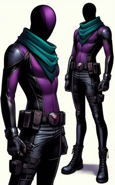 two people in black and purple outfits standing next to each other