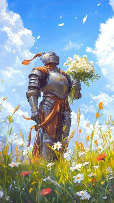 a painting of a man in armor with flowers on his head standing in a field