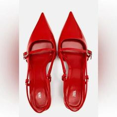 Slingback Pumps With Thin Straps. Buckle Detail. Kitten Heels.Back Strap. Heel Height: 2 Inches (5 Cm) Red Red Kitten Heels, Zara Strappy, Slingback Shoes, Zara Shoes, Slingback Pump, Back Strap, On Shoes, Shoes Women Heels, Cinderella