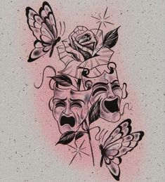 a drawing of two masks with butterflies around them and a rose on the other side