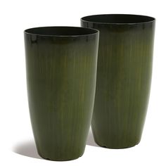 two green vases sitting next to each other